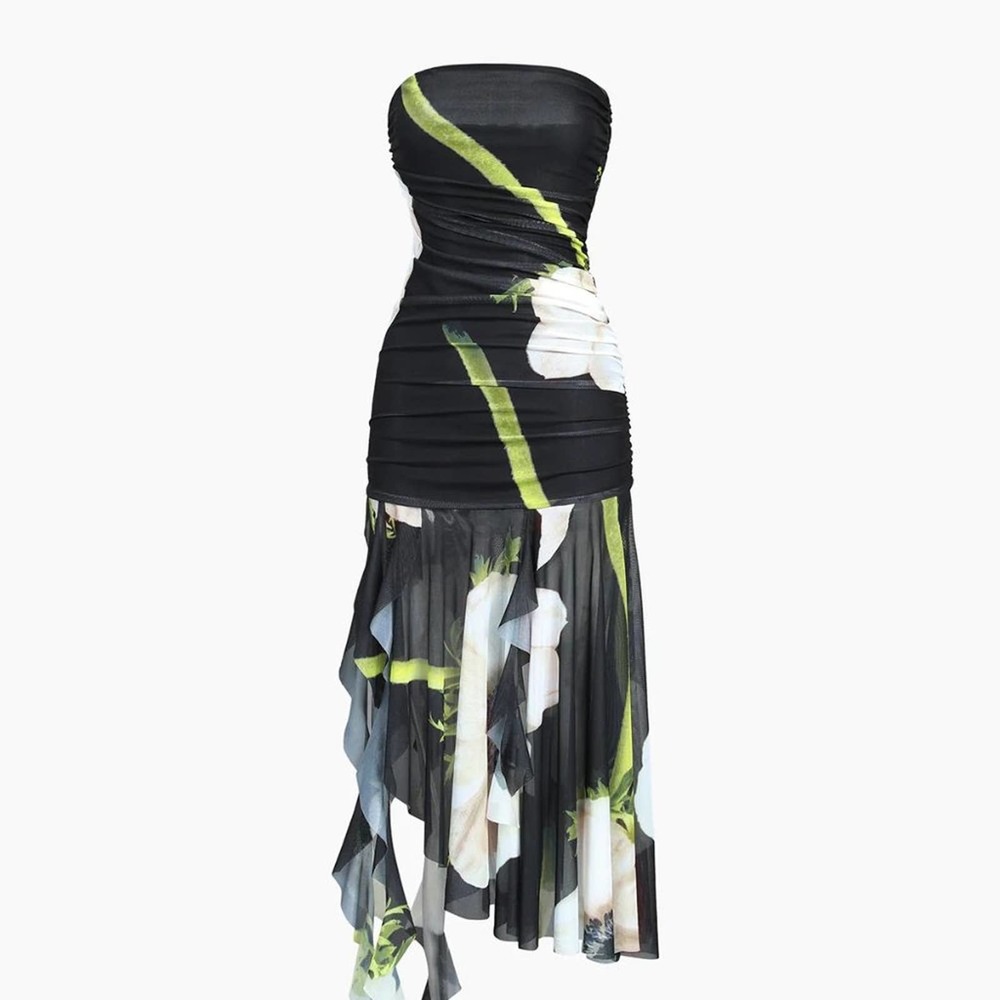 Commense Black Floral Strapless Dress